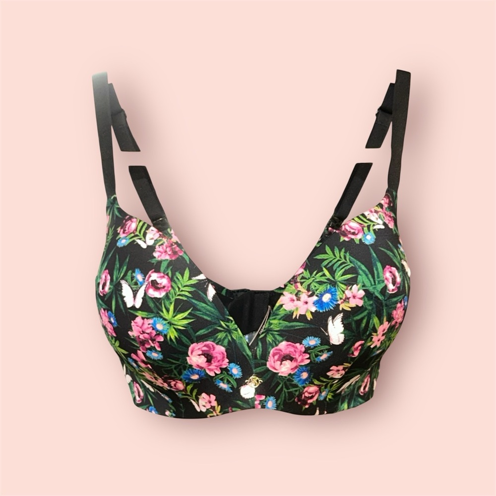 Victoria's Secret Black and Pink Floral Bra with Full-Coverage